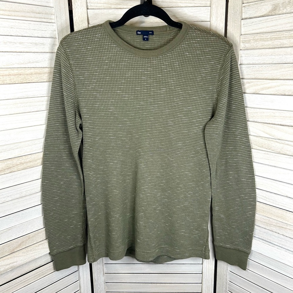 Gap Men’s Olive Green and Speckled White Cotton Waffle Long Sleeve Shirt Small